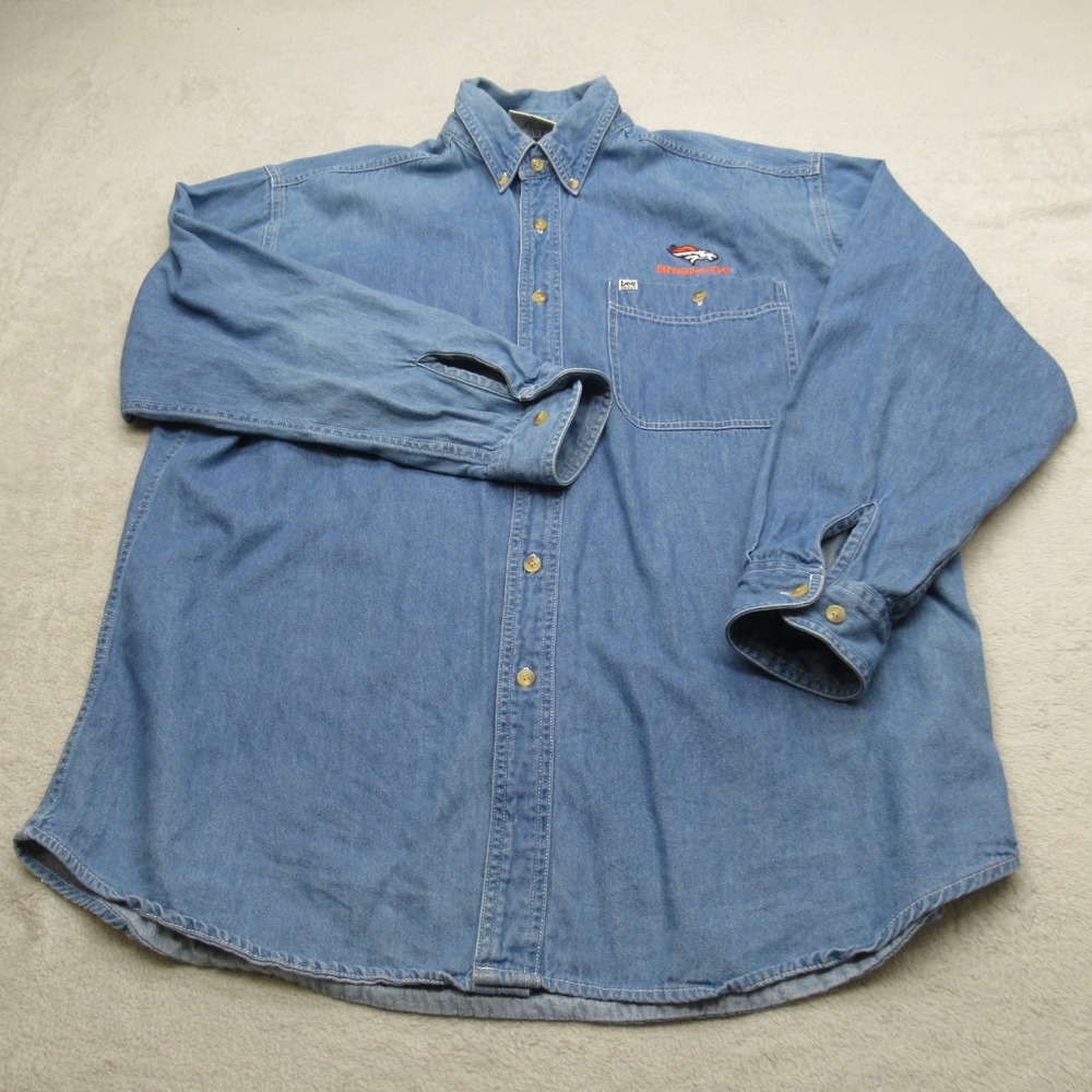 Denver Broncos Shirt Men Large Lee Blue Chambray Button Down Long Sleeve VTG 90s